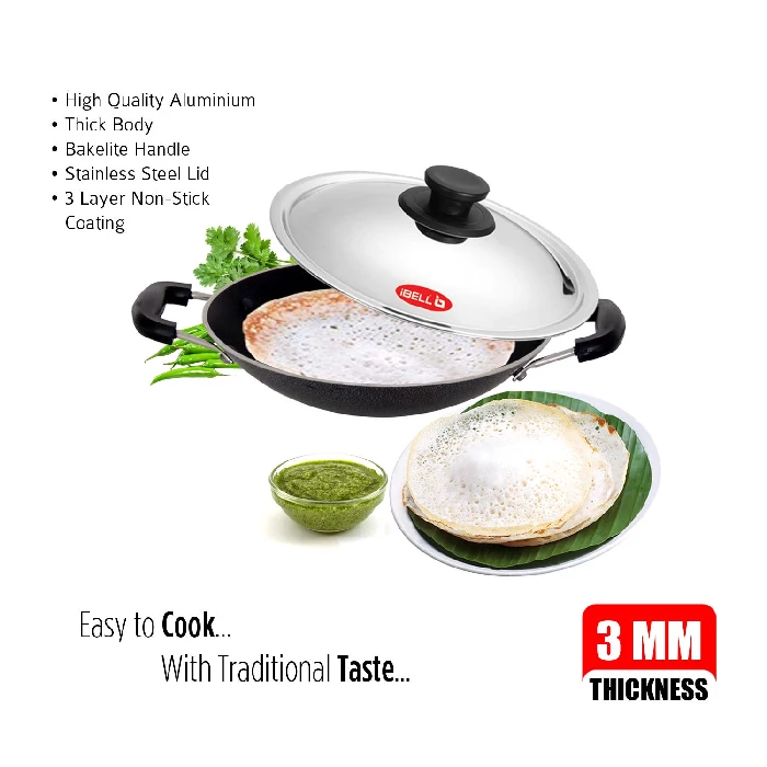 BELL Premium Non-Stick Aluminium Appam Pan with Lid, Appachatty, 200mm, Silver, 1 kg-3.webp